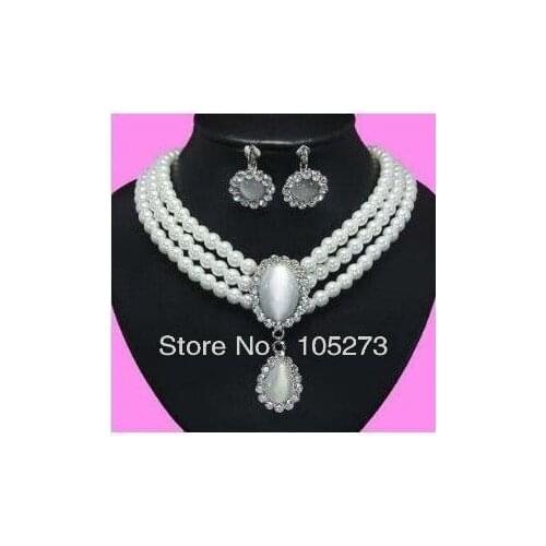 New Arriver Pearl Jewelry 18-20'' 3Rows 7-8MM White Natural Freshwater Pearl Necklace Earrings Fashion Jewellery Set Free Ship