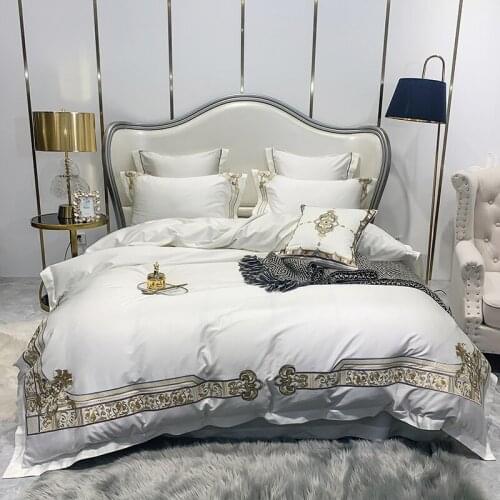 New White Luxury Europe Palace Bedding Set Gold Embroidery 600TC Egyptian Cotton Duvet Cover Bed Sheet Pillowcases Home textiles