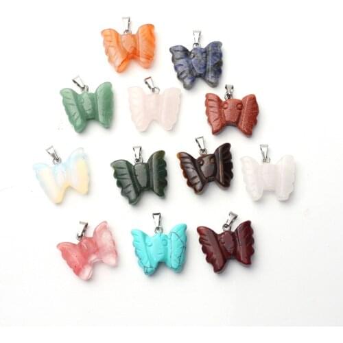 Wholesale 24pcs Mixed Stone 20*18mm Roes Quartz Onyx Natural Carved Pocket Butterfly Jewelry Making Charms Finding Pendants Free