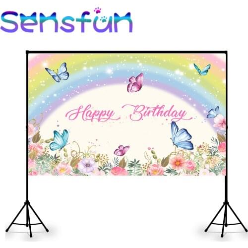 Rainbow Butterfly Girl Custom Birthday Party Backdrops Gold Glitter Flowers Dessert Table Decoration Banner Poster