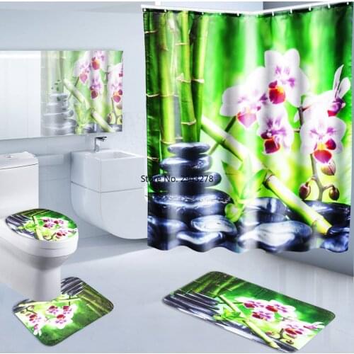 Natural Scenery Shower Curtains Bamboo Green Stone Flower Spring Landscape Bathroom Decor Waterproof Shower Curtain Set W/ Hooks