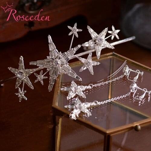 Gold Silver Color Crystal Stars Bride Tiara With Earrings Women Bridesmaid Bling Crown Wedding Hair Jewelry RE3705