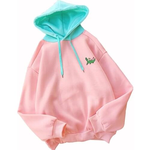 Autumn Winter Fleece Drop Shoulder Hoodies Women Streetwear Spell Color Spliced Kawaii Cartoon Crocodile Print Hooded Sweatshirt