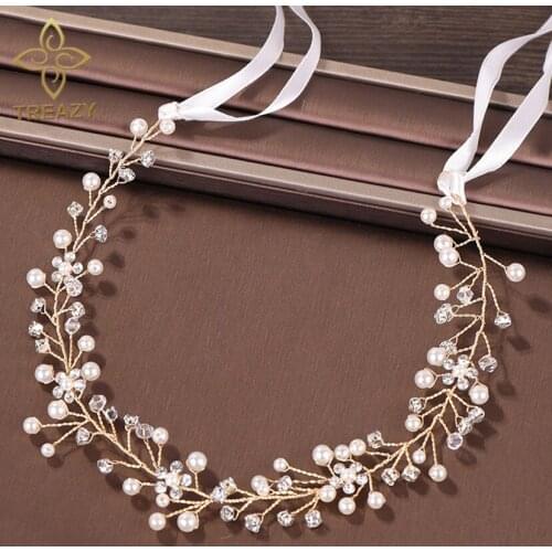 TREAZY Gold Color Floral Pearls Crystal Bridal Headband Wedding Hair Accessories Prom Hairbands Bride Tiaras Women Hair Jewelry