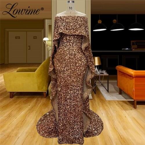 Saudi Arabia Brown Sequin Formal Evening Dress 2020 Robe De Soiree Aibye Dubai Long Prom Dresses Mermaid Party Gowns Vestidos