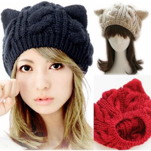 Knitted Cat Ear Berets Ladies Japanese Style Sweet Pure Color Handmade 2020 New Warm Cartoon Shape High Quality Cute Berets