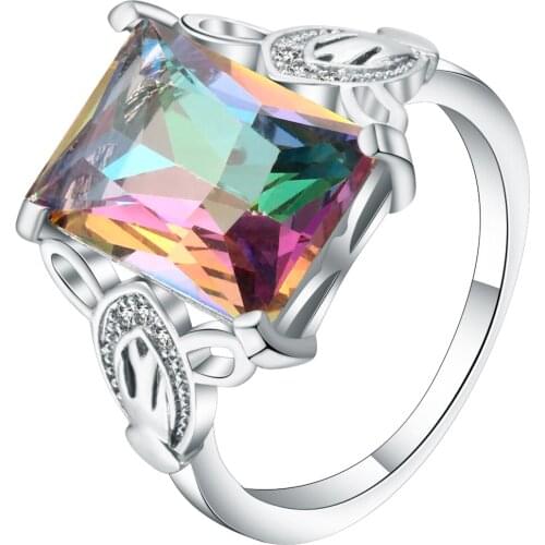 Mysterious Fire Rainbow Cubic Zirconia Square Design Ring White Gold Filled Simple Pave Bands Wedding Ring For Women Accessories