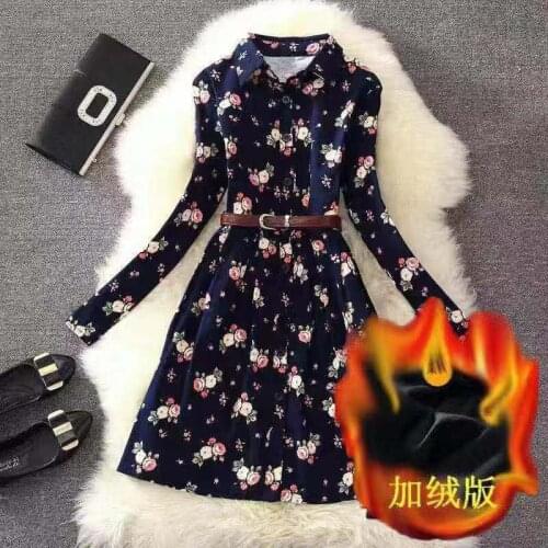 Women Dress 2021 New Women Autumn Winter No Velvet/Plus Velvet Dresses Ladies Long Sleeve Floral Dress Plus Size Vestidos B