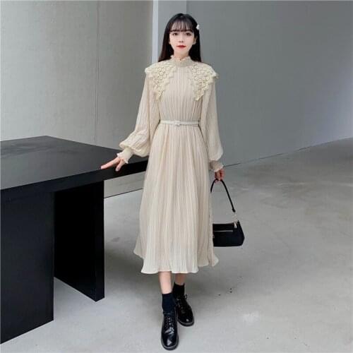 Elegant Women Dress Stand Collar Slim Waist Solid Pleated Autumn Long Sleeve Casual Party Dress 2021 Fashion