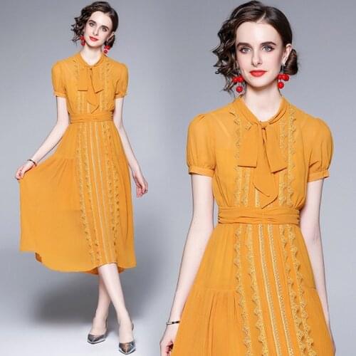 2021 summer Elegant Lace Stitching Chiffon Dress Women Short-Sleeved casual dress Vestidos