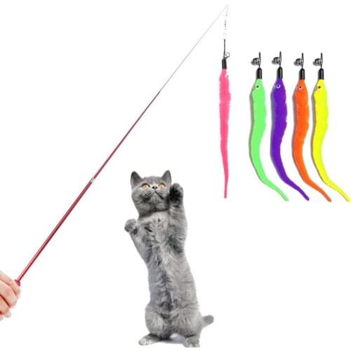 12 Sets Funny Retractable Cat Toys Wand with 5 Piece Teaser Refills Interactive Cat Worms Toy Training Supplies Wholesale X2