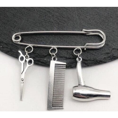 2020 Creative Personality Hair Stylist Brooch Charm Jewelry Hairdressing Scissors Comb Pendant Washing and Cutting Brooch