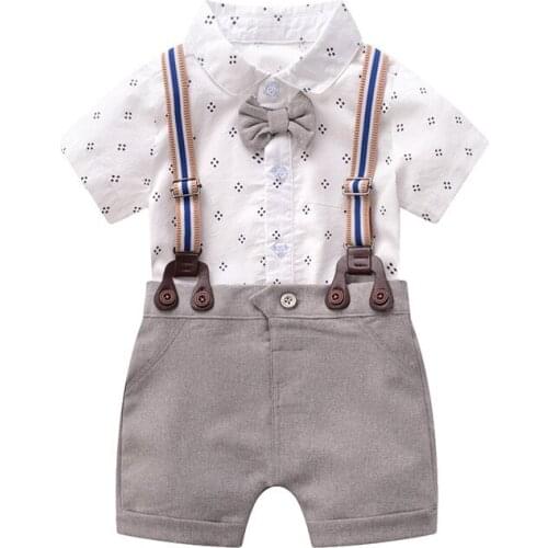 Summer Baby Boy Clothing Newborn 1th Birthday Gift Infant Handsome Bow Outfit Grey Rompers + Shorts + Belt + Bow 4PCS Children