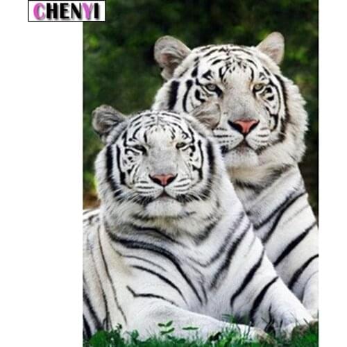 CHENYI Diy Diamond Embroidery Cross Stitch Diamond Painting Two White Tiger Mosaic Diamond Art Of Rhinestones Paint By Numbers