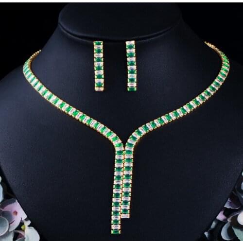 CWWZircons Green CZ Necklace and Earrings Womens Costume Jewelry Set for Engagement Wedding Accessories African Gold Color T533