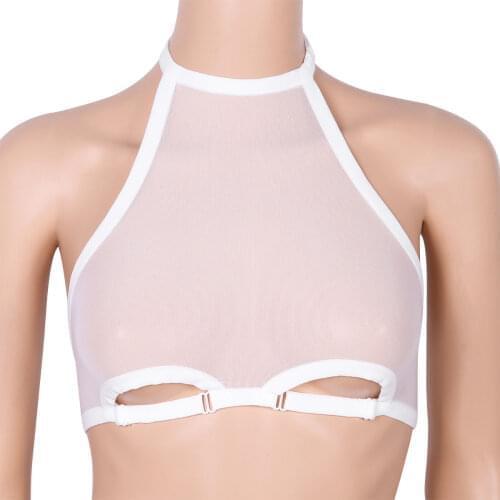 Women Mesh See Through Sheer Lingerie Halter Neck Backless Hollow Out Cups Wire-free Unlined Bra Top Sexy Clubwear Nightwear