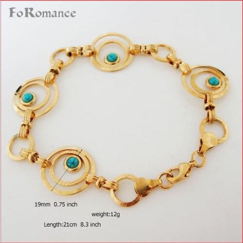 FOROMANCE/ 8.3" LADY YELLOW GOLD GP OVERLAY BLUE STONE CIRCLE ROUND PART LINK BRACELET BANGLE 19MM WIDE CHAIN