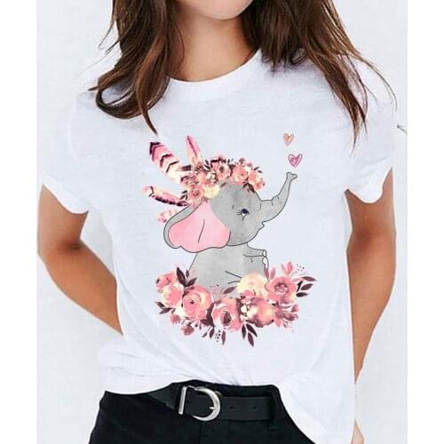 Graphic T Shirt for Women Elephant Love Cartoon Fashion Printing Print Lady T-shirts Top Womens Ladies Female Tee T-Shirt