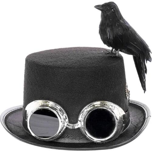 New Unisex Heavy Metal Music Festival Top Hat Carnival Retro Gothic Steampunk Cosplay Black Jazz Cap with Crow Goggles