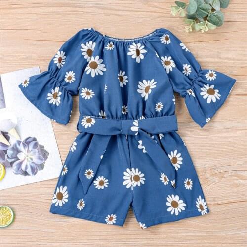 Girls Romper Shorts Flower Printed Ruffled Sleeve Round Neck Jumpsuit Lace Up Waist One Piece Overalls