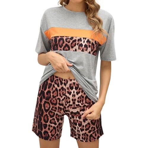 Outfit Leopard Print Color Block Short Sleeve T-shirt Shorts Two Piece Set Tracksuit for Summer Short Matching Sets