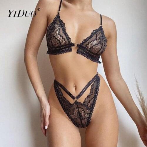 YiDuo Black White Sexy Lace Lingerie Set Women Underwear Wireless Bra And Panty Set Erotic Lingerie 2 Piece Set Solid Brief Set
