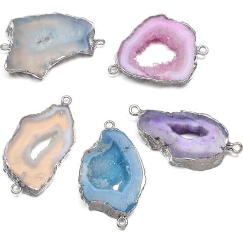 Natural Stone Slice Agates Pendant Connectors Silveren Plated for DIY Jewelry Necklace Accessories Making Size 20x40-30x60mm