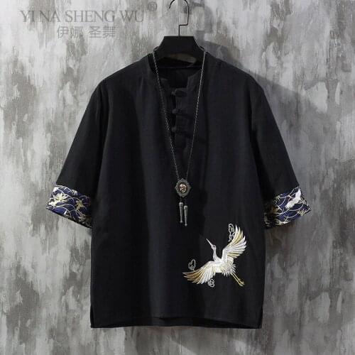 Japanese Kimono Chinese Style Disc Button Linen T-shirt Mens Summer Short-sleeved Tang Shirt Loose Large Size T-shirt Men New