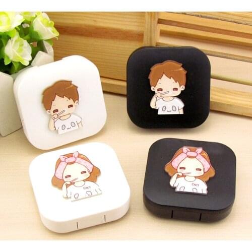 10pcs Cute DIY eyeglasses set box cartoon Boy and girl pattern lovers contact lens case with a mirror Partner box Color random