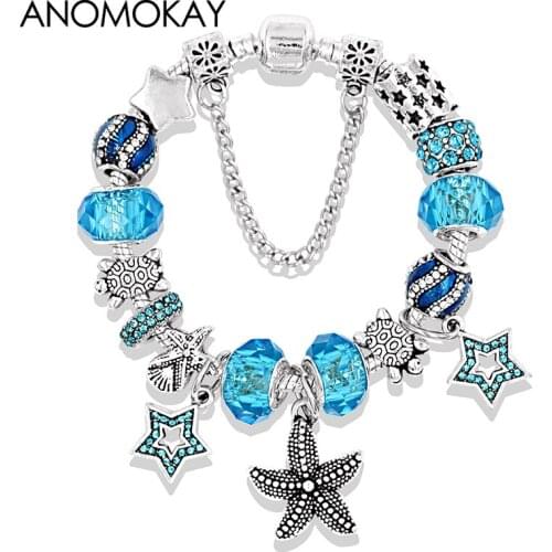 New Design Blue Pentagram Starfish Women Bead Bracelets & Bangles Antique Silver Plated Turtle Wave Diy Charm Bracelet for Men