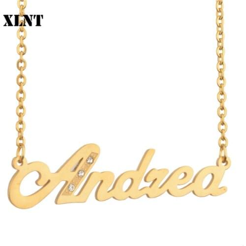 XLNT Andrea Cubic Zircon Name Necklace Custom Name Initials Letters Necklaces Pendant For Men Women Gold Color Stainless Jewelry