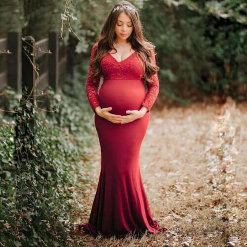 Maternity Long Sleeve Dresses Pregnant Women Cotton Lace Stitching Slim Maxi Gown Fancy Shooting Photo Photography Props Clothes