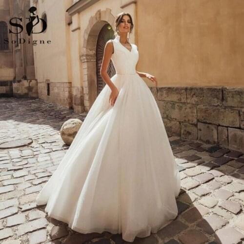 SoDigne Glitter Wedding Dresses High Neck Shiny Tulle Boho Wedding Gown White Ivory Beach Bridal Gown Plus Size