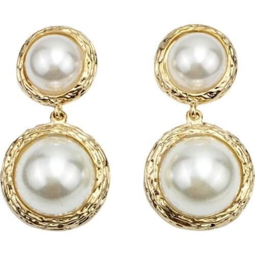 SRCOI Luxury Double Simulated Pearl Earrings Drops Trendy Big Round Pearls Long Earing For Women Wedding Bride Costume Jewelry