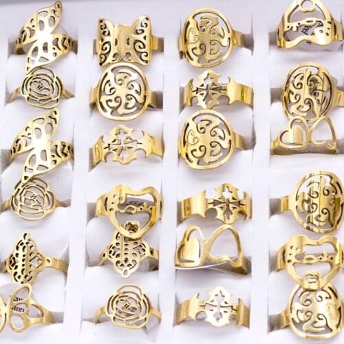Wholesale 24 pcs /lot stainless steel women rings plant/animal hollow rings 2018 new fashion jewelry