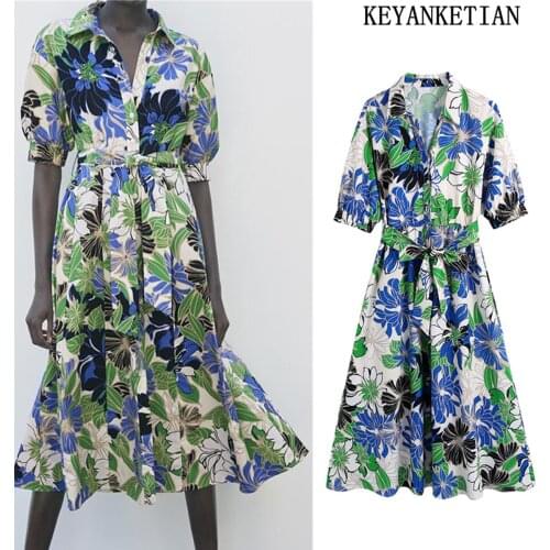 KEYANKETIAN Za ladies floral print shirt dress 2021 long dress womens short-sleeved retro belt mid-length casual Vestido