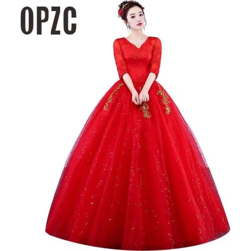 Real Photo Gold Embroidery Wedding Dresses 2020 V Neck Lace Half Sleeve Red Romantic Bride Gown Lace Adjust Vestido De Novia