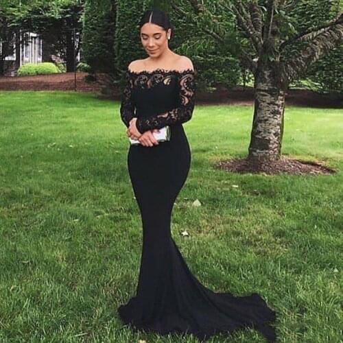 Elegant Mermaid Evening Dresses Long Sleeve Lace Sweep Train Formal Elastic Trumpet Long Prom Gowns robe de soirée de mariage