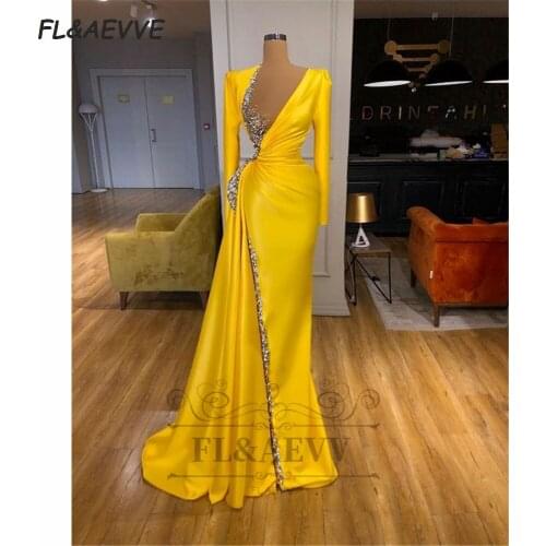 2021 Sexy Evening Dress Mermaid Yellow V Neck Long Sleeves Lace Up Floor Length Evening Prom Party Gowns