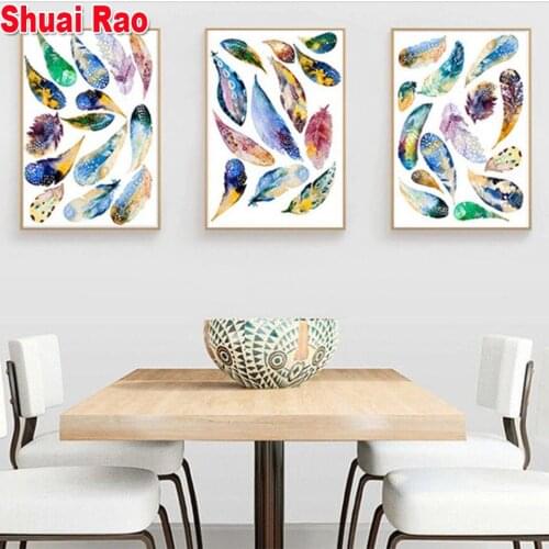 3 Piece Diamond Paintings Colorful Feathers Full Square Rhinestone Diamond Embroidery Cross Stitch Mosaic Abstract Home Decor