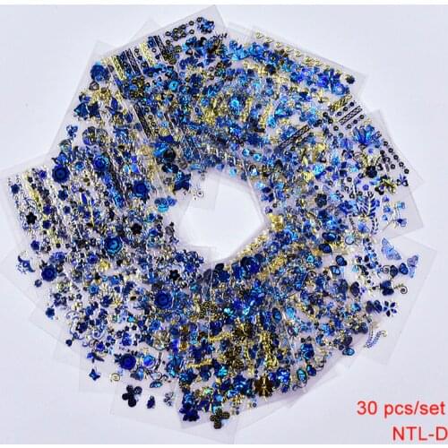 30Sheets 3D Gold Blue Decals Hot Stamping Nail Art Stickers Nail Art Design Bling Shinning Butterfly Self Adhesive Nail Tattoos