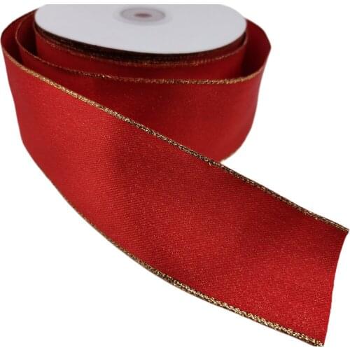 38MM Wired Red Satin Ribbon with Gold Lurex Edges for Floral & Craft Decoration 10yards Spool