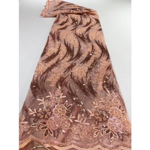 5yards/pc) Excellent tube beads and sequins embroidered African tulle lace peach French net lace for wedding party dress FSS414
