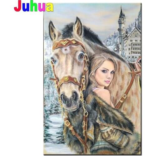 50x70 Snow Romantic Horse Woman Diamond Painting Full square Round Mosaic Diamond Embroidery Diamond Picture Crafts And Art
