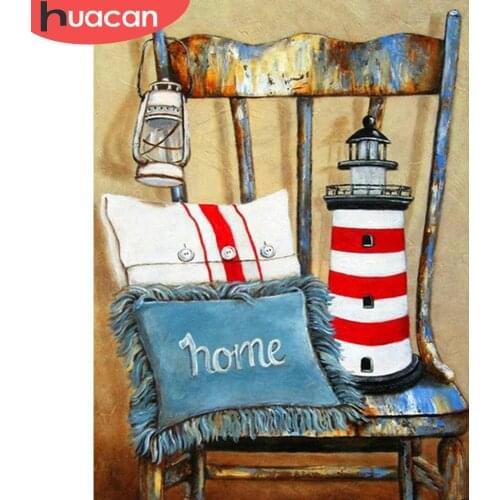 HUACAN DIY Diamond Painting Cross Stitch Landscape Mosaic Rhinestone Chair Full Square Diamond Embroidery Lighthouse Decoration
