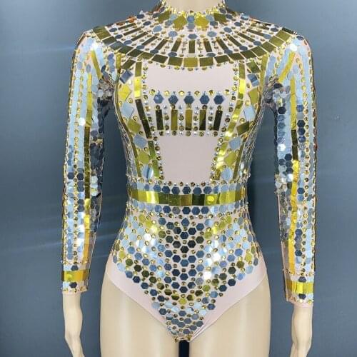 New Bling Gold Silver Sequins Rhinestones Bodysuit Long Sleeve Birthday Celebrate Party Prom Outfit Female Singer Stage Wear