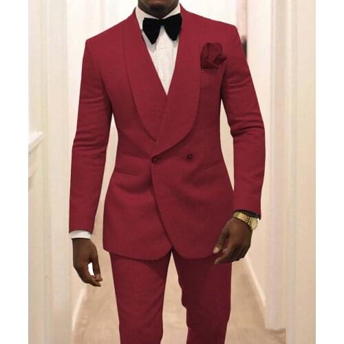 Brand New Groomsmen Dark Red Pattern Groom Tuxedos Shawl Lapel Men Suits 2 Pieces Wedding Best Man ( Jacket+Pants+Tie ) C929