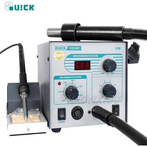 QUICK 706W+ Digital Display Hot Air Gun + Soldering Iron Anti-static Temperature Lead-free Rework Station 2 in 1 With 3 Nozzles