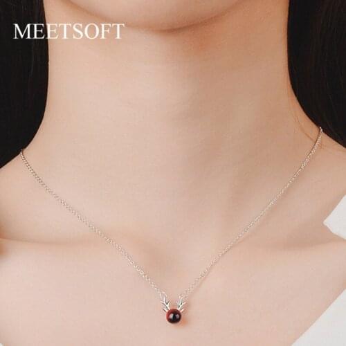 MEETSOFT Silver Plated Pendant Necklace Minimalist Clavicle Chain Female Small Red Garnet Elk Antlers Jewerly Gift