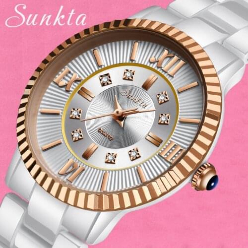 SUNKTA New Women Watch Ceramic Watch Women Simple Diamond Clock Casual Fashion Watch Sport Waterproof Wristwatch Montre Femme